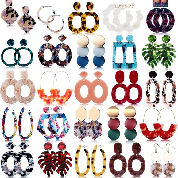 Jewelry - 25 Pairs Acrylic Resin Statement Earrings Set for Women Mottled Hoop Fashion Dro